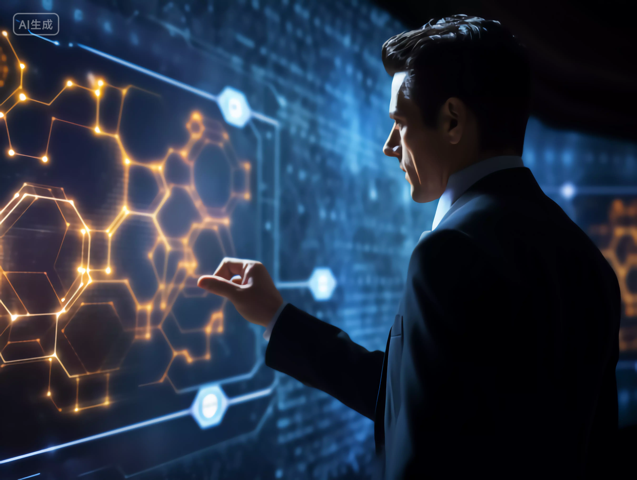 未来商务男性通过全息投影大数据工作场景