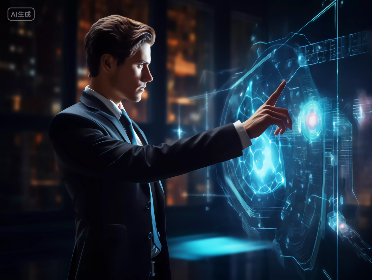 未来商务男性通过全息投影大数据工作场景