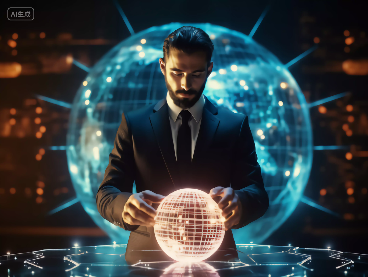 未来商务男性操控全息大数据地球工作场景
