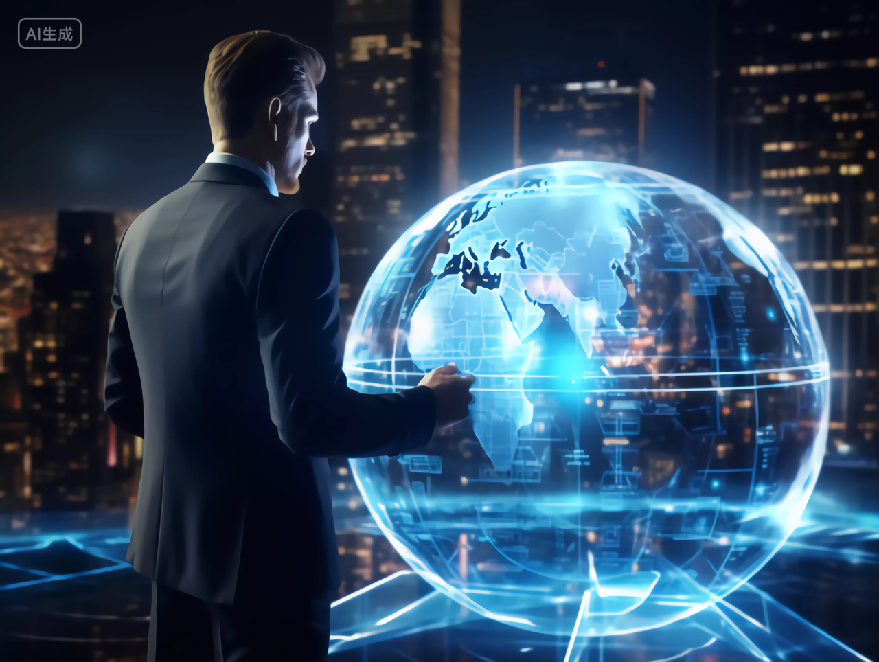 未来商务男性操控全息大数据地球工作场景