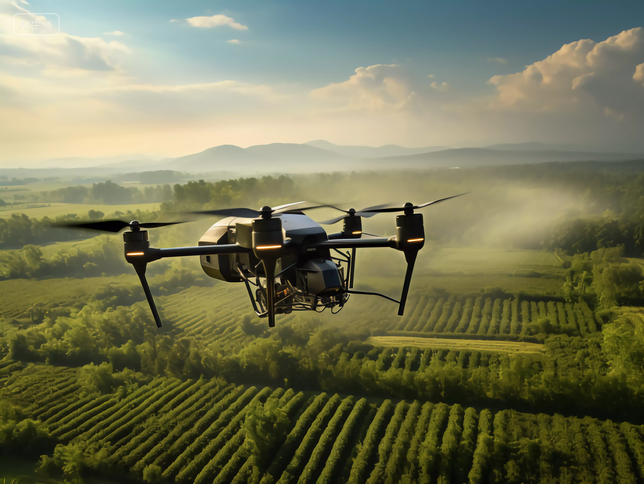 一台民用无人机现代化智能农业科技农业无人机自动化灌溉喷洒农田高科技助农航拍场景