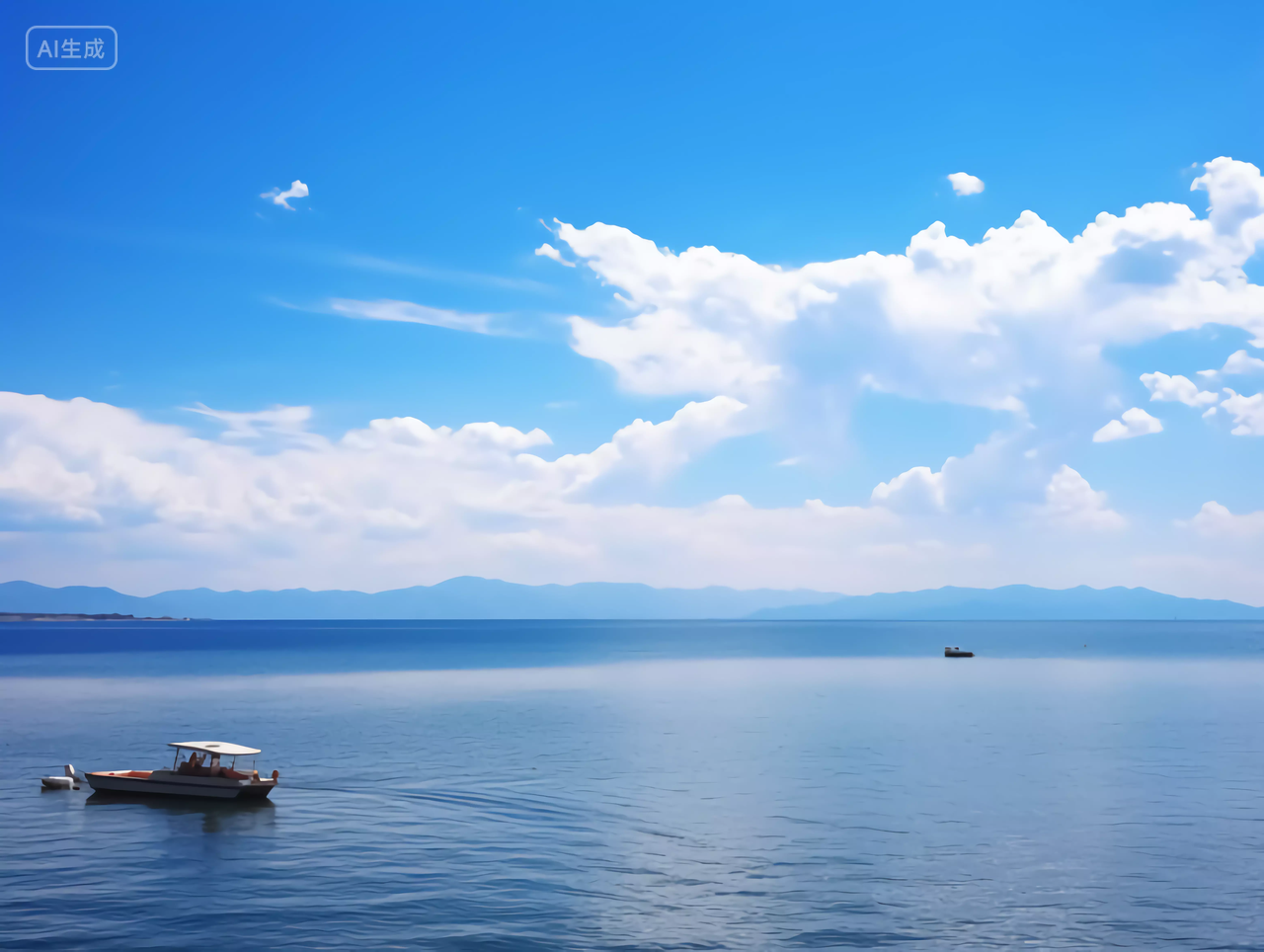 蓝天白云明亮背景大海唯美清新壁纸海面上的一艘船度假