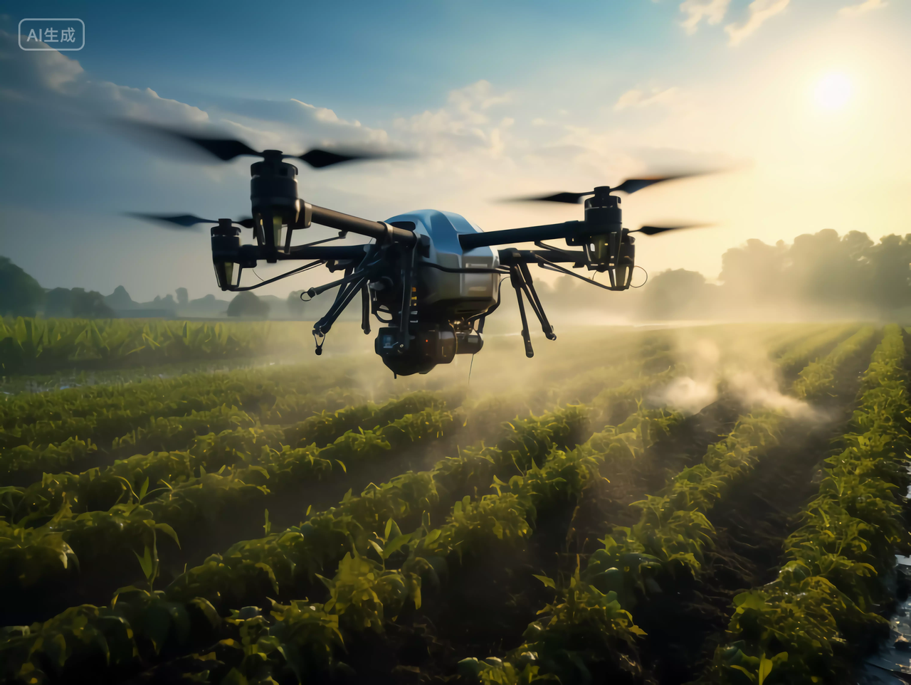 一台民用无人机现代化智能农业科技农业无人机自动化灌溉喷洒农田高科技助农航拍场景