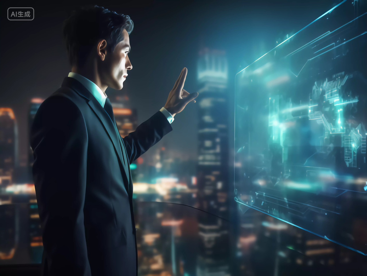 未来商务男性通过全息投影大数据工作场景