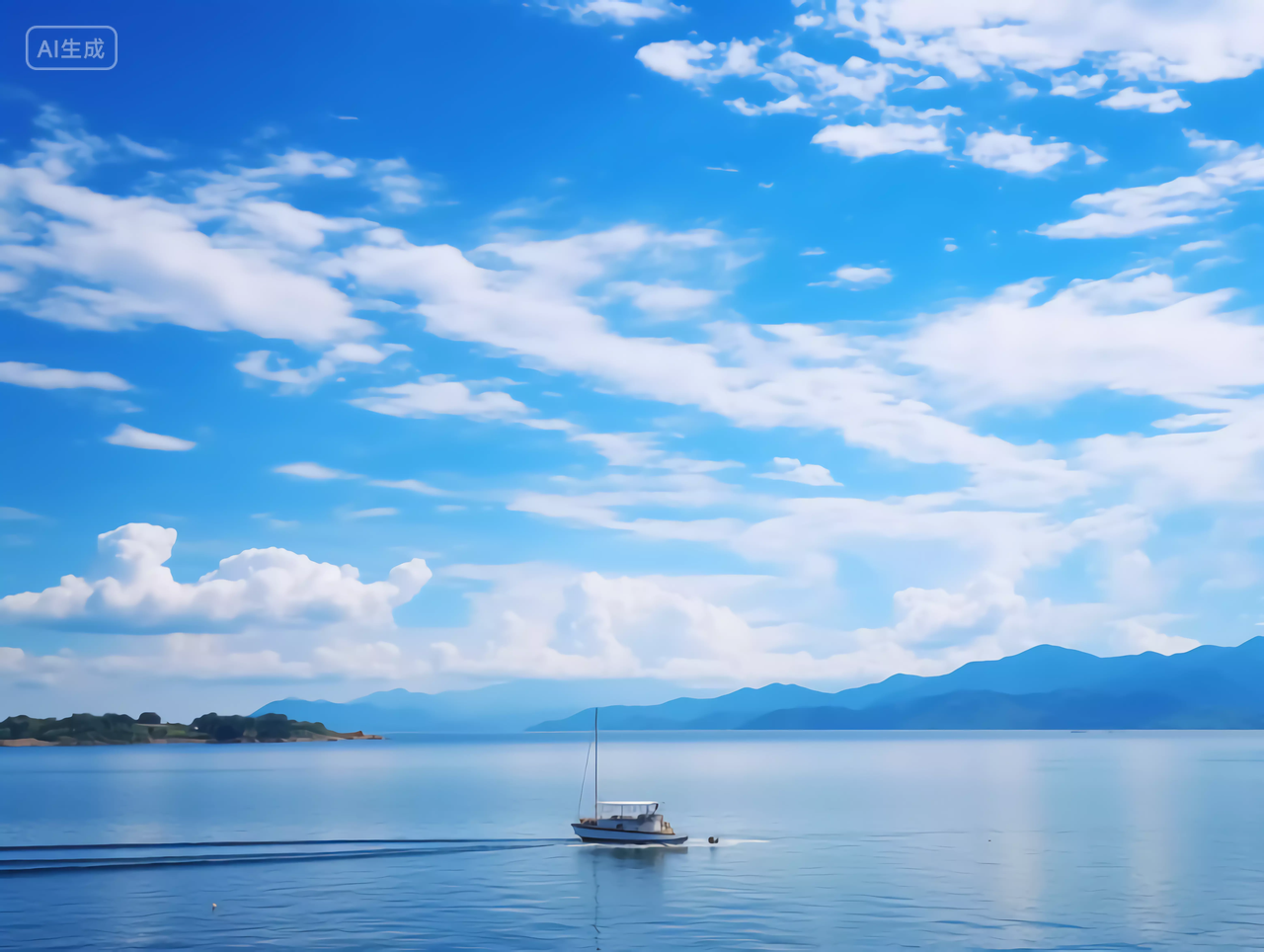 蓝天白云明亮背景大海唯美清新壁纸海面上的一艘船度假