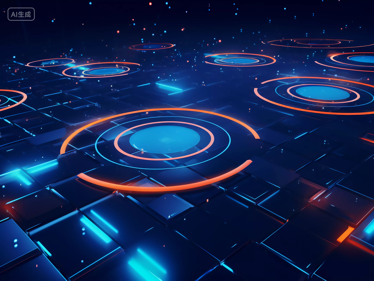 多个蓝色橙色的科技风圆环数字风格正在加载中概念