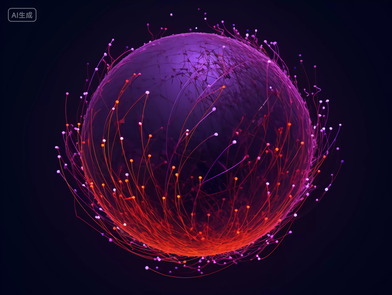 红色紫色向上延伸缠绕的血管状线条科技圆球数据概念图