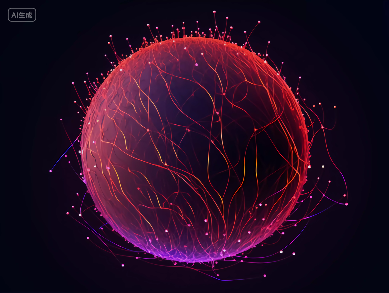 红色紫色向上延伸缠绕的血管状线条科技圆球数据概念图