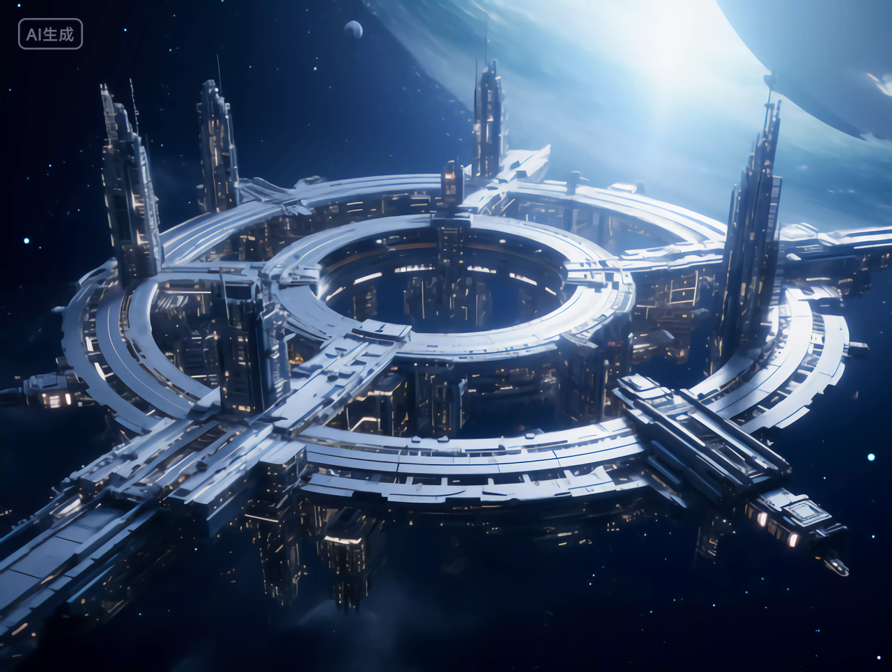 宏伟的未来科幻概念CG太空站空间站场景