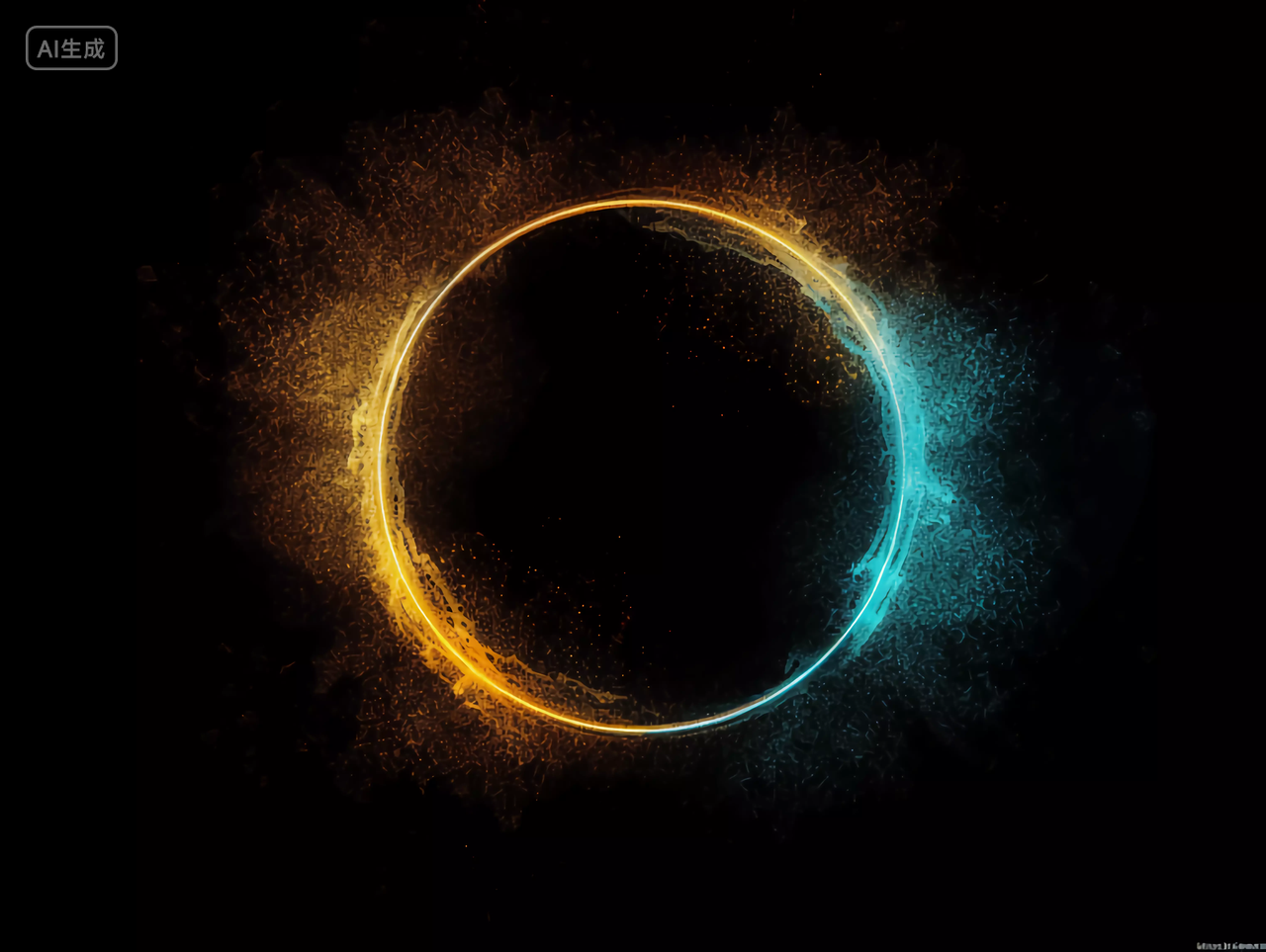 金蓝双色对称的粒子粉尘3D科技圆环黑色背景图