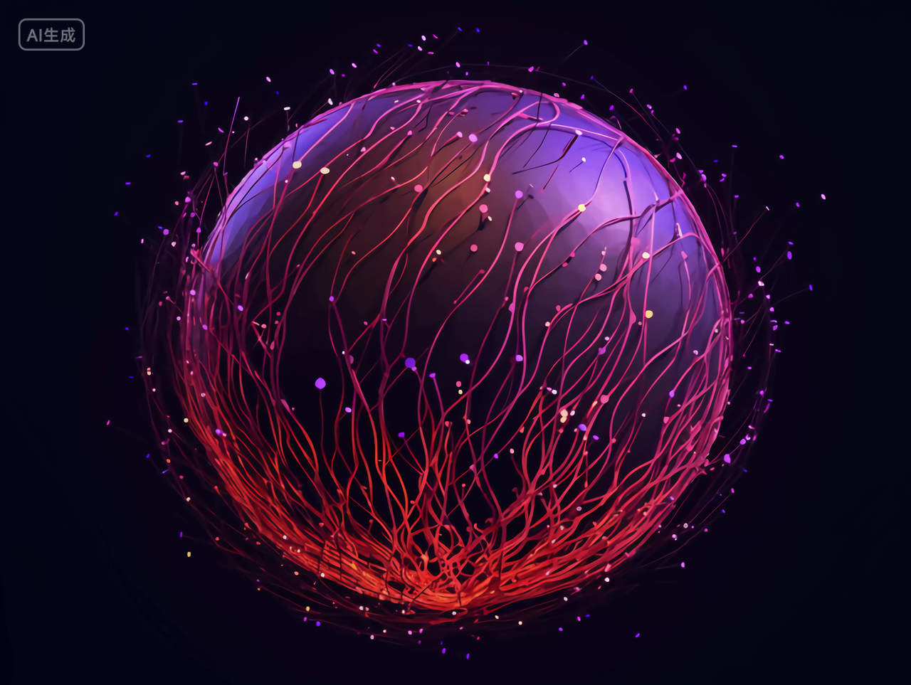 红色紫色向上延伸缠绕的血管状线条科技圆球数据概念图