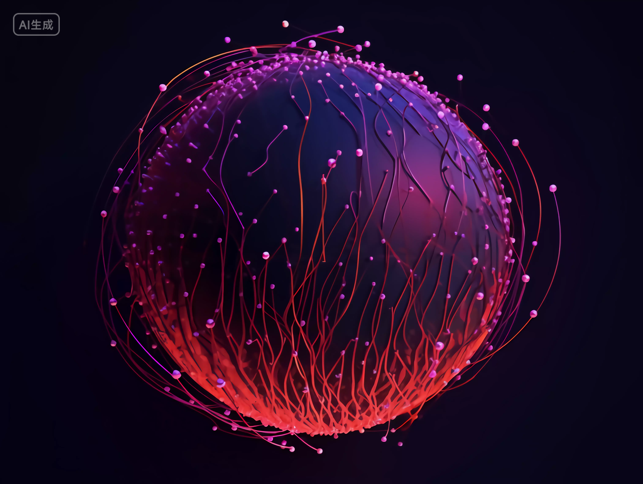 红色紫色向上延伸缠绕的血管状线条科技圆球数据概念图