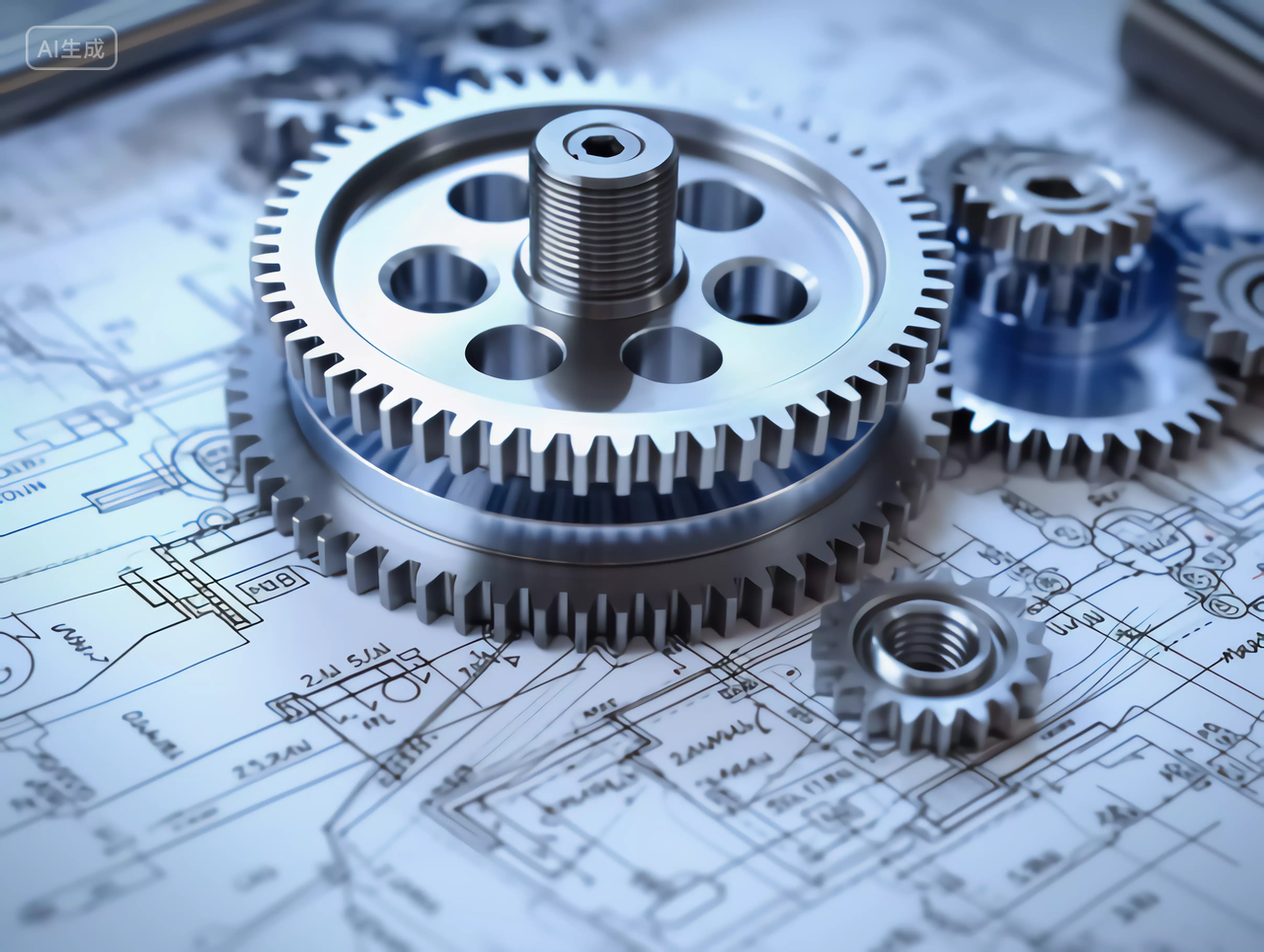 机械工程图纸上精密的合金科技齿轮零件组特写商业背景图