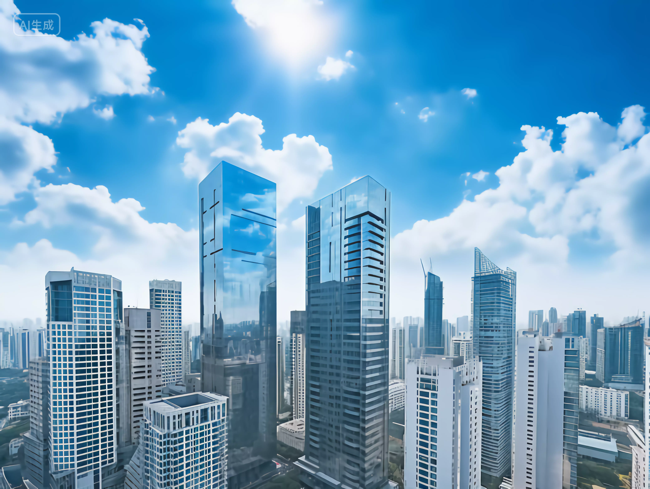 城市建筑高楼大厦蓝天白云明亮背景城市建设高楼大厦阳光房地产商业配图