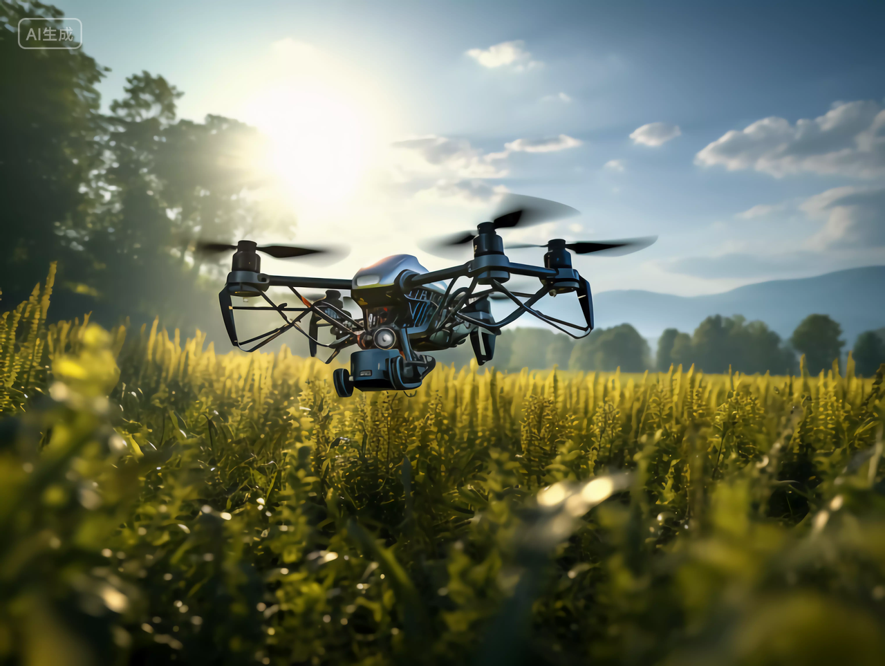 一台民用无人机现代化智能农业科技农业无人机自动化灌溉喷洒农田高科技助农航拍场景