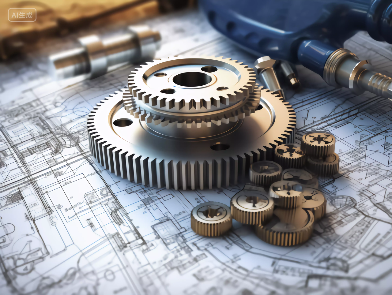 机械工程图纸上精密的合金科技齿轮零件组特写商业背景图