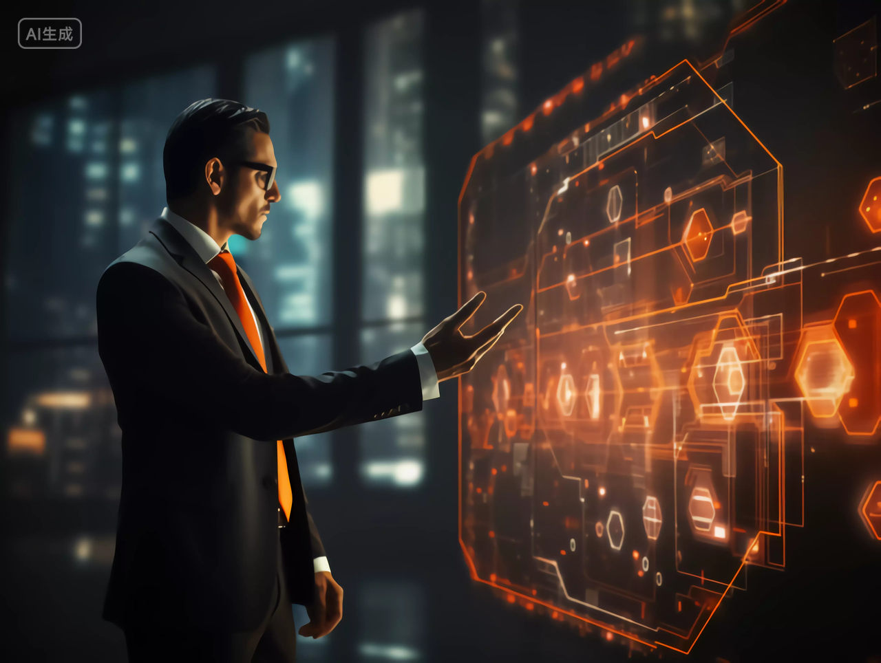 未来商务男性通过全息投影大数据工作场景