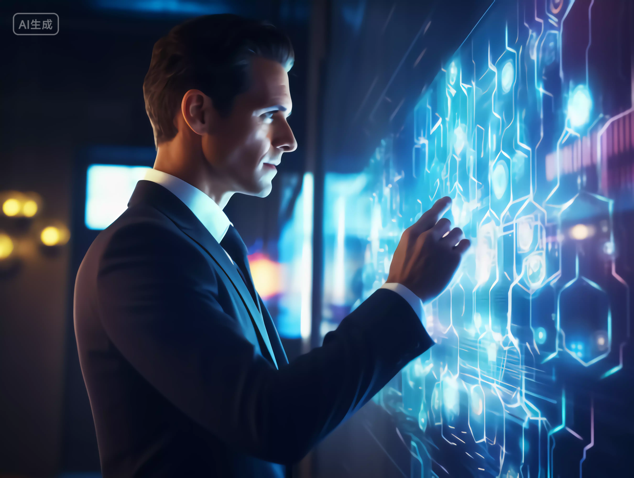 未来商务男性通过全息投影大数据工作场景