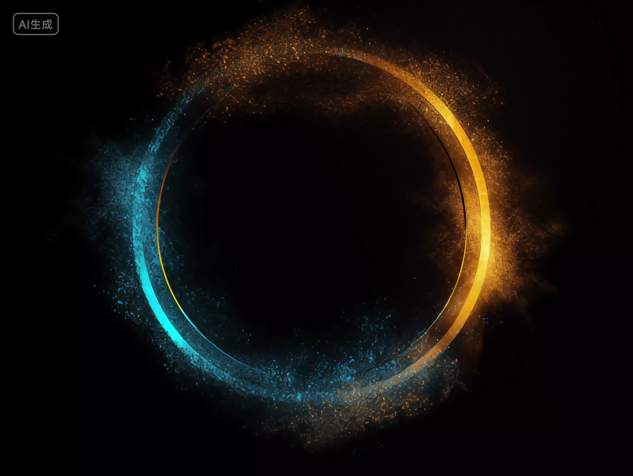 金蓝双色对称的粒子粉尘3D科技圆环黑色背景图