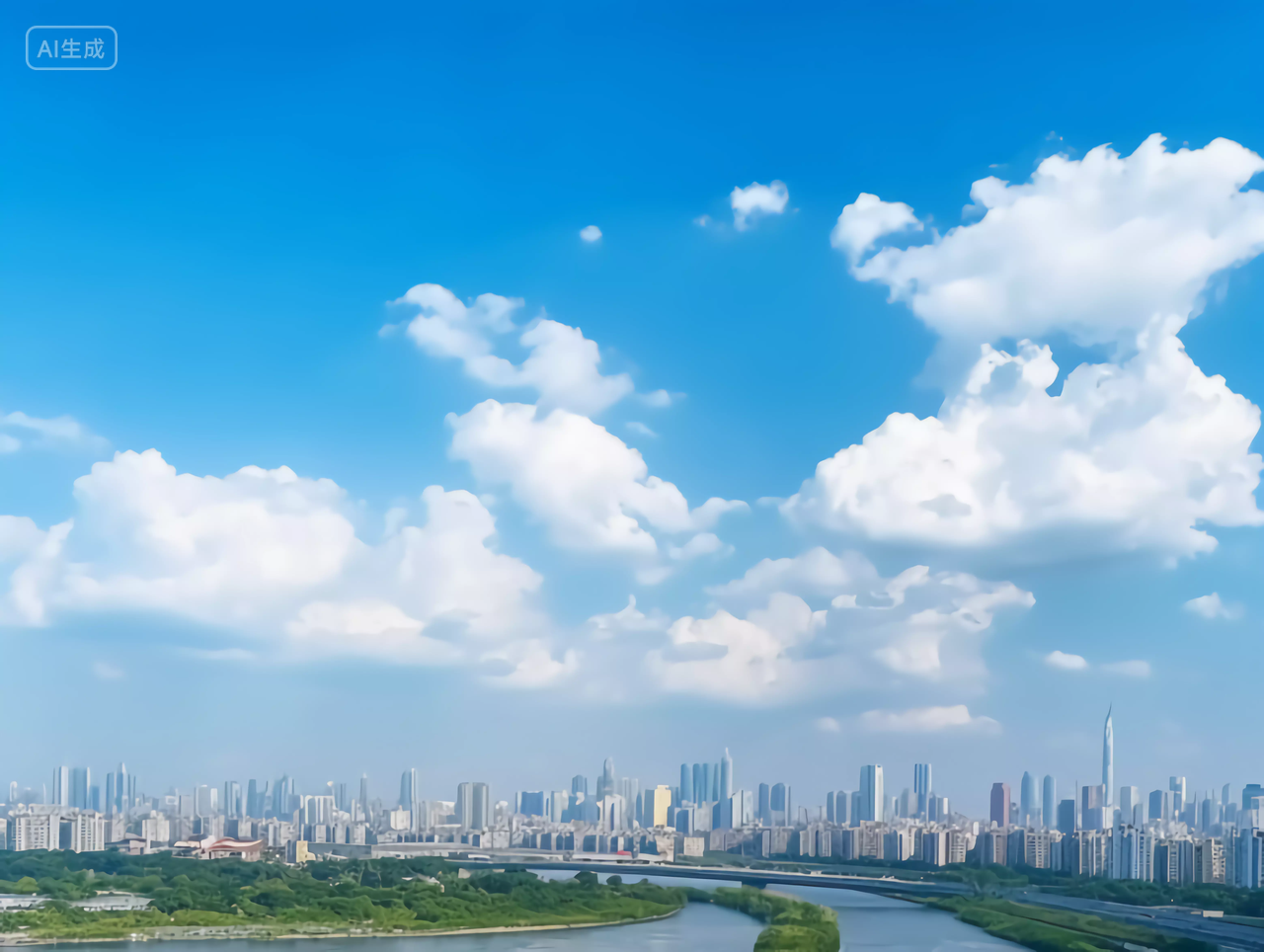 河水两岸的城市建设高楼大厦房地产商业配图蓝天白云明亮背景