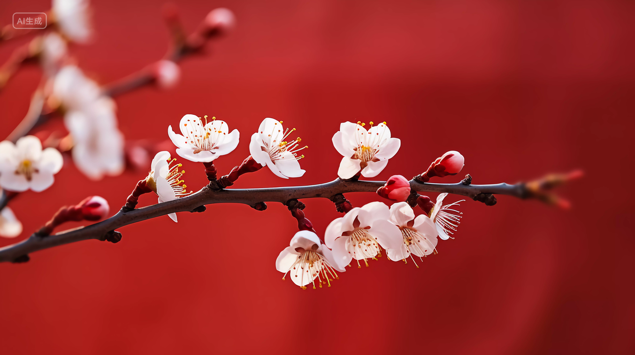 红墙梅花枝特写镜头