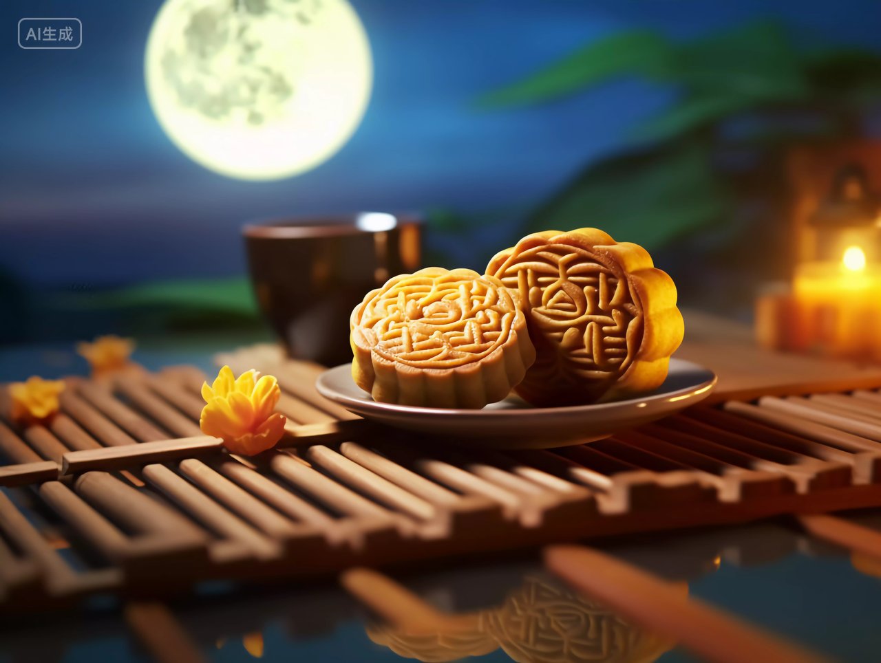 夜色下的中国传统月饼圆圆的中秋月亮中国传统节日八月中秋节糕点配图美食