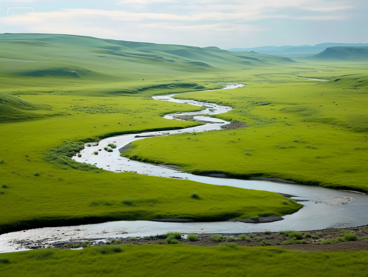 草原河流绿色草地自然风景旅游宣传蓝天大草原电脑壁纸