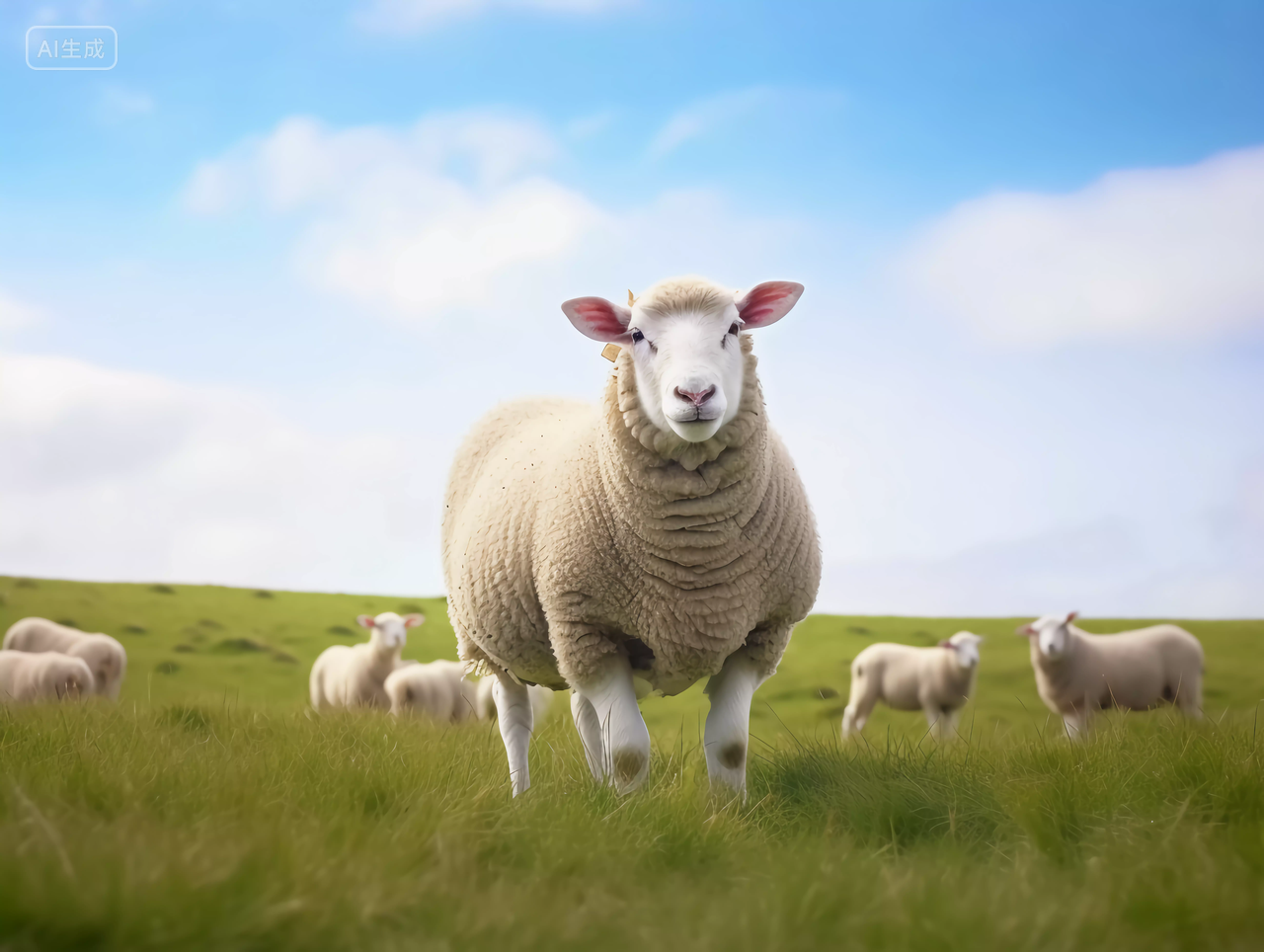 白色绵羊羊群草原风光绿色草地自然风景旅游宣传