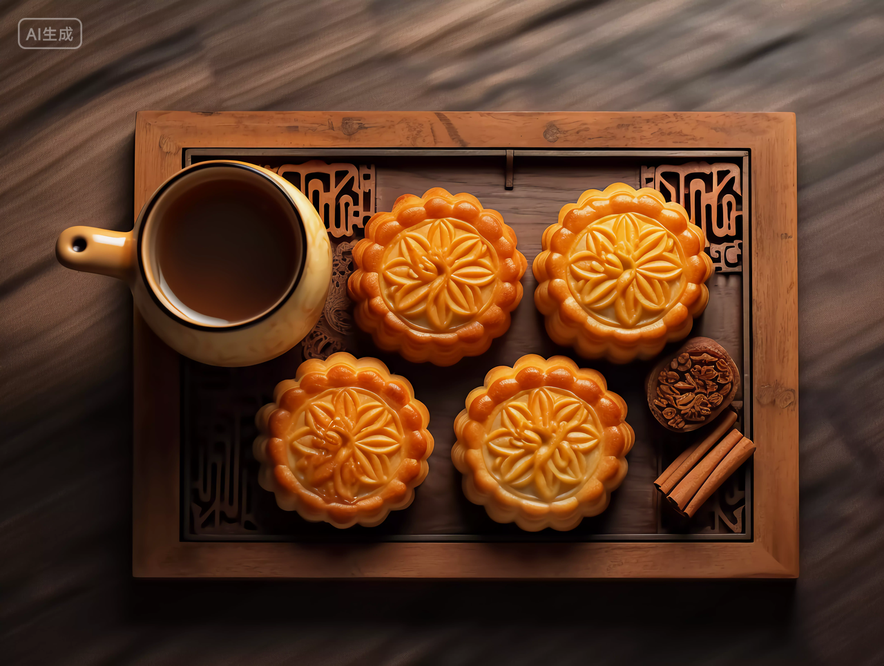 木盘上的月饼中国传统节日八月中秋月饼糕点配图美食