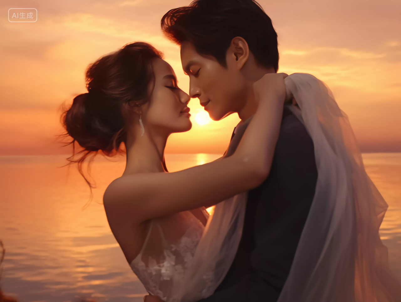 新婚夫妻海边拍婚纱照新郎环抱着新娘的浪漫爱情场景