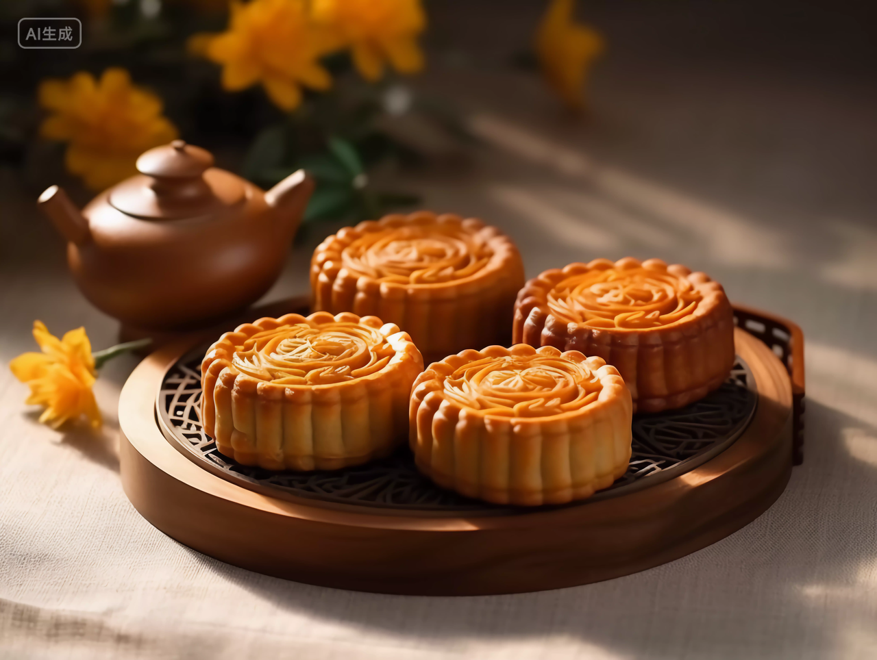 木盘上的月饼中国传统节日八月中秋月饼糕点配图美食