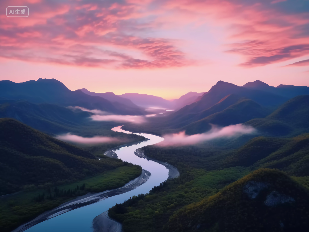 夕阳下山间河流航拍远景绿水青山意境山水自然景色山湖风景旅游宣传