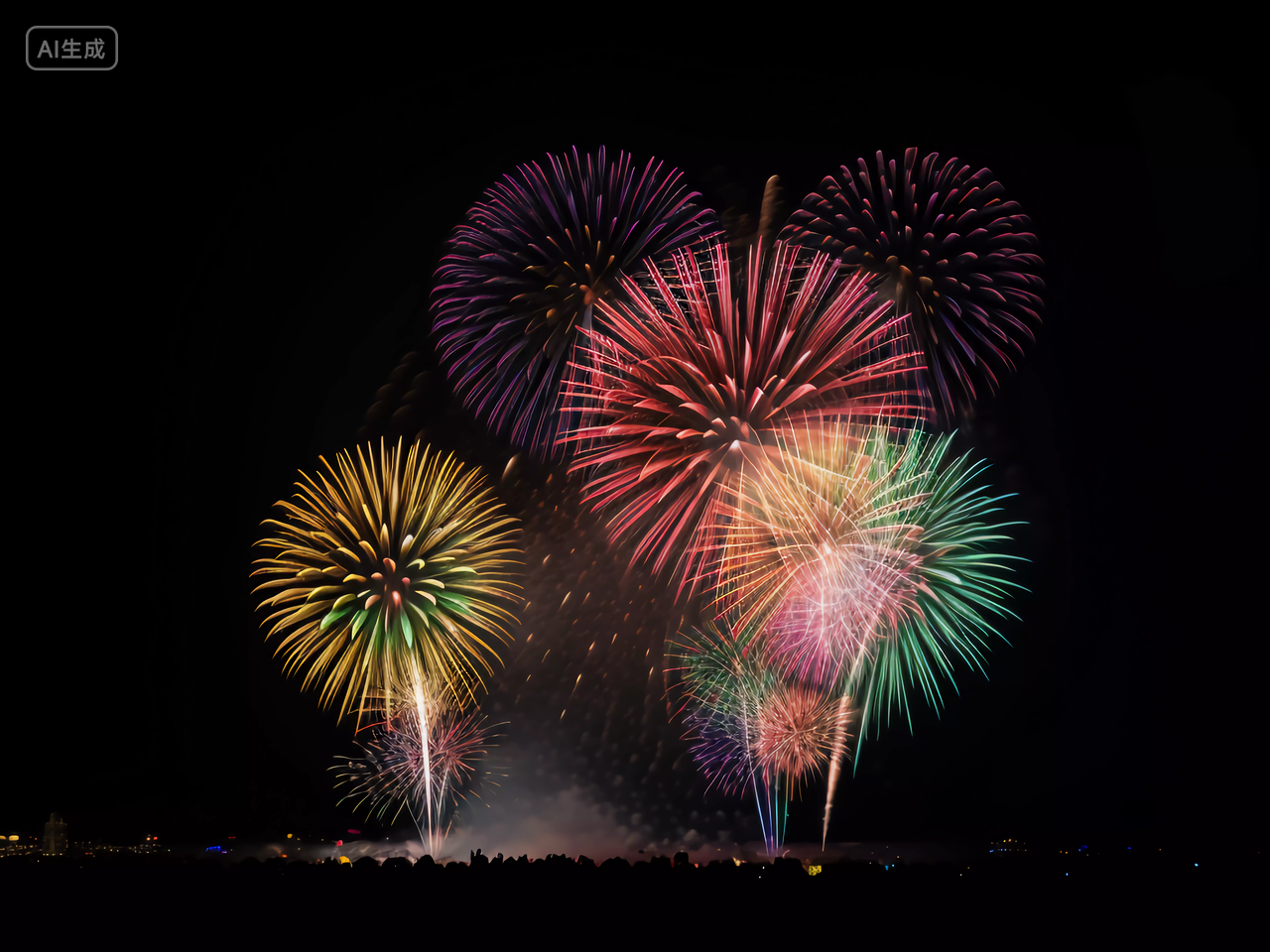 国庆节黑夜中绽放的烟花五颜六色的焰火绚丽光斑新年庆祝喜庆