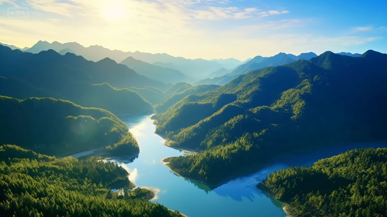 山间河流航拍远景阳光绿水青山意境山水自然景色山湖风景旅游宣传