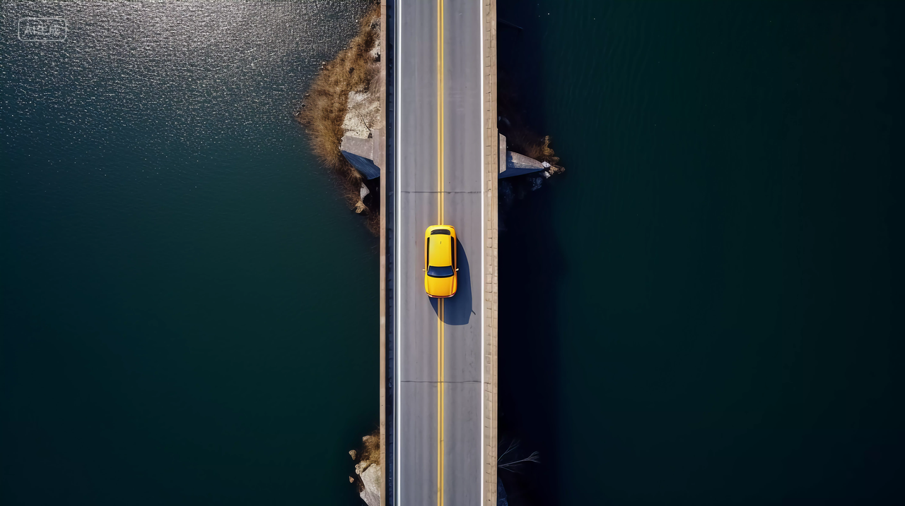 海边笔直公路上行驶的汽车俯视图