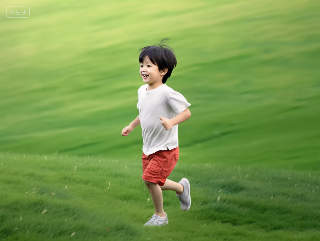 绿色草地上的儿童奔跑的男孩绿色草地春天清新风景美丽的大自然青草植物