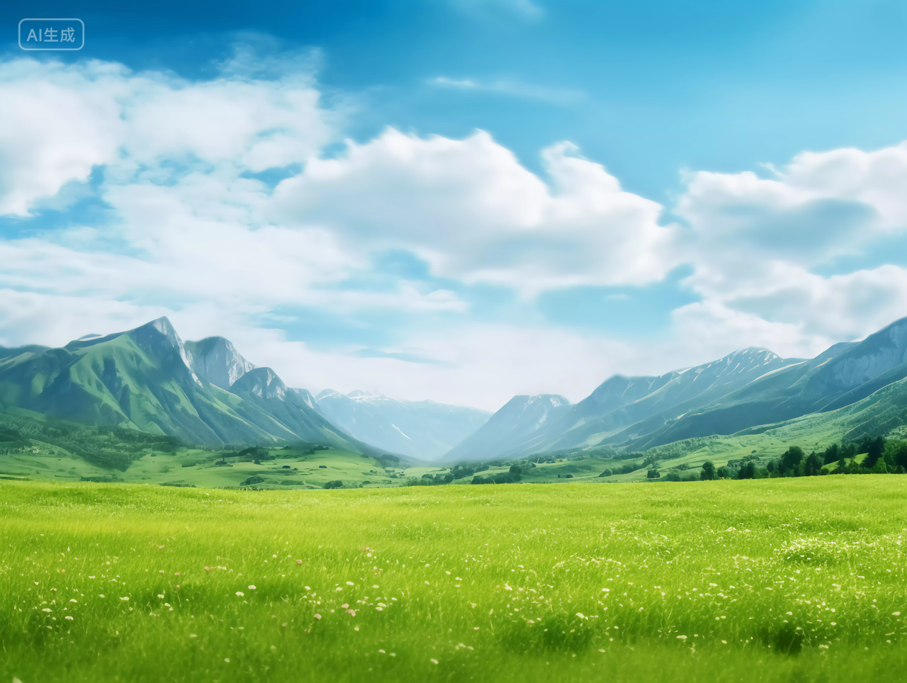 绿色草地山春天清新风景美丽的大自然小野花青草植物