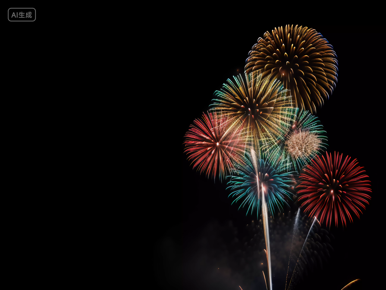 国庆节黑夜中绽放的烟花五颜六色的焰火绚丽光斑新年庆祝喜庆