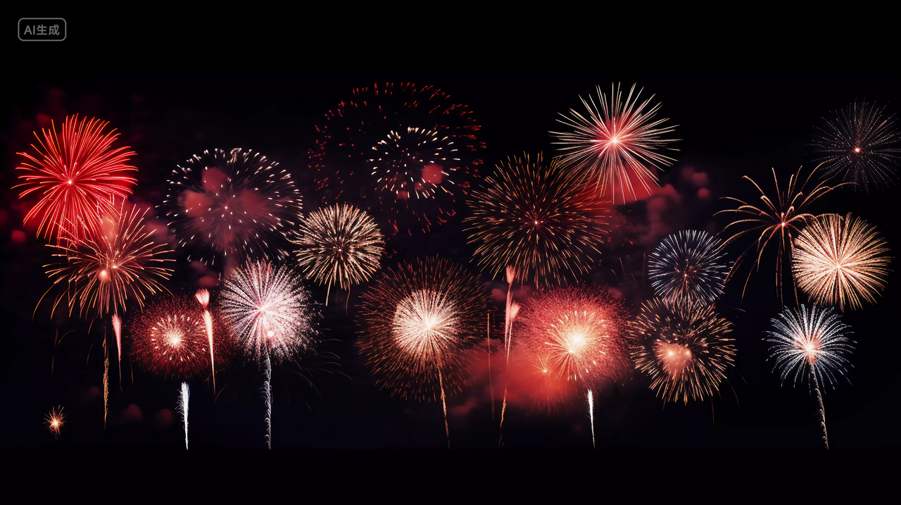 国庆节黑夜中绽放的烟花五颜六色的焰火绚丽光斑新年庆祝喜庆