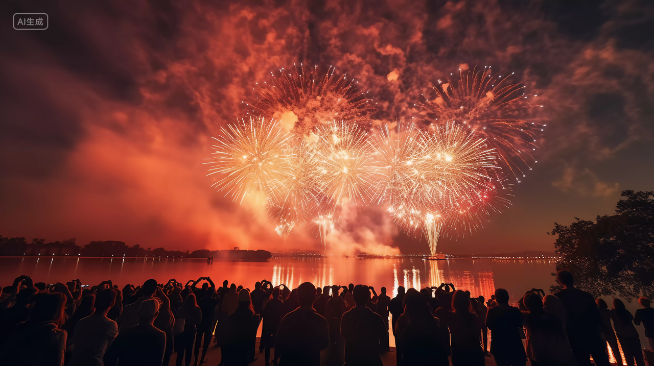 国庆节浪漫江边节日烟花绚丽焰火围观的人群背影新年庆祝喜庆