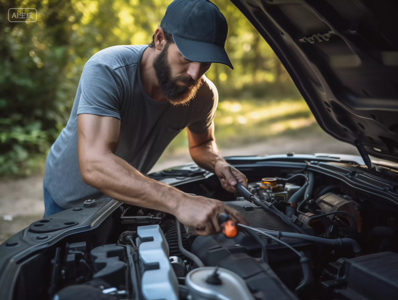 汽车修理人员汽修工人维修汽车的细节场景