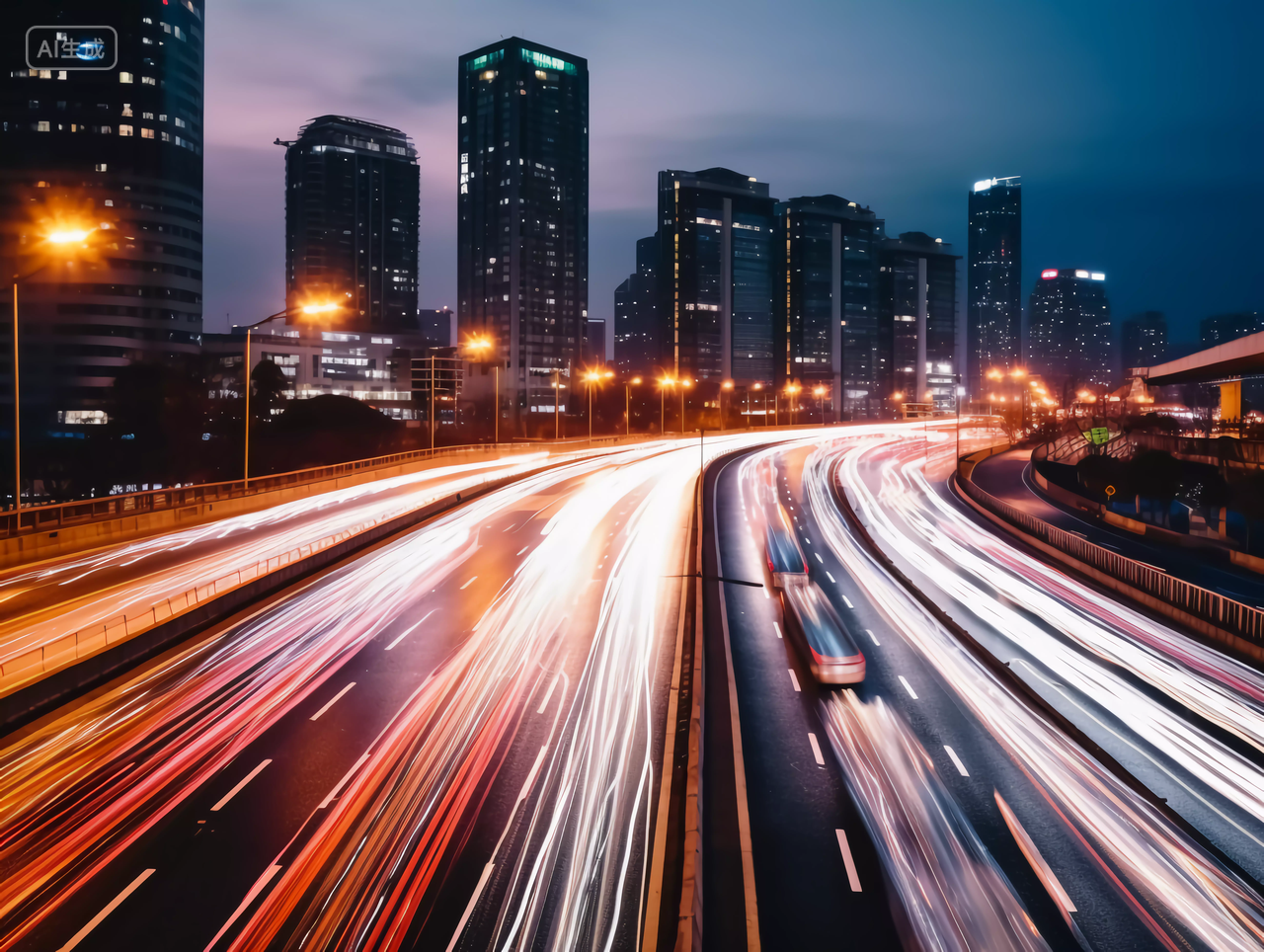 夕阳下城市街道繁忙的汽车交通驾驶夜景