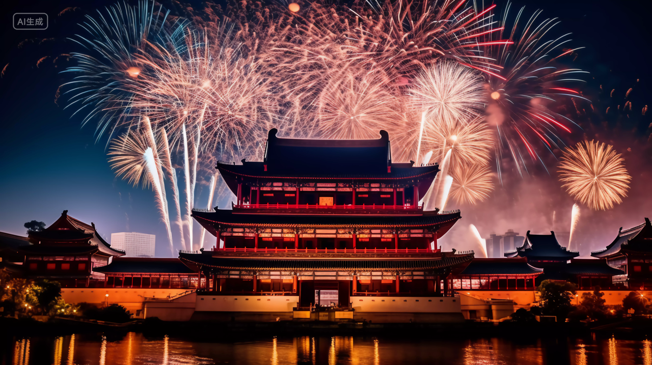 国庆节城市建筑上空绽放的绚丽烟花五颜六色焰火新年庆祝喜庆