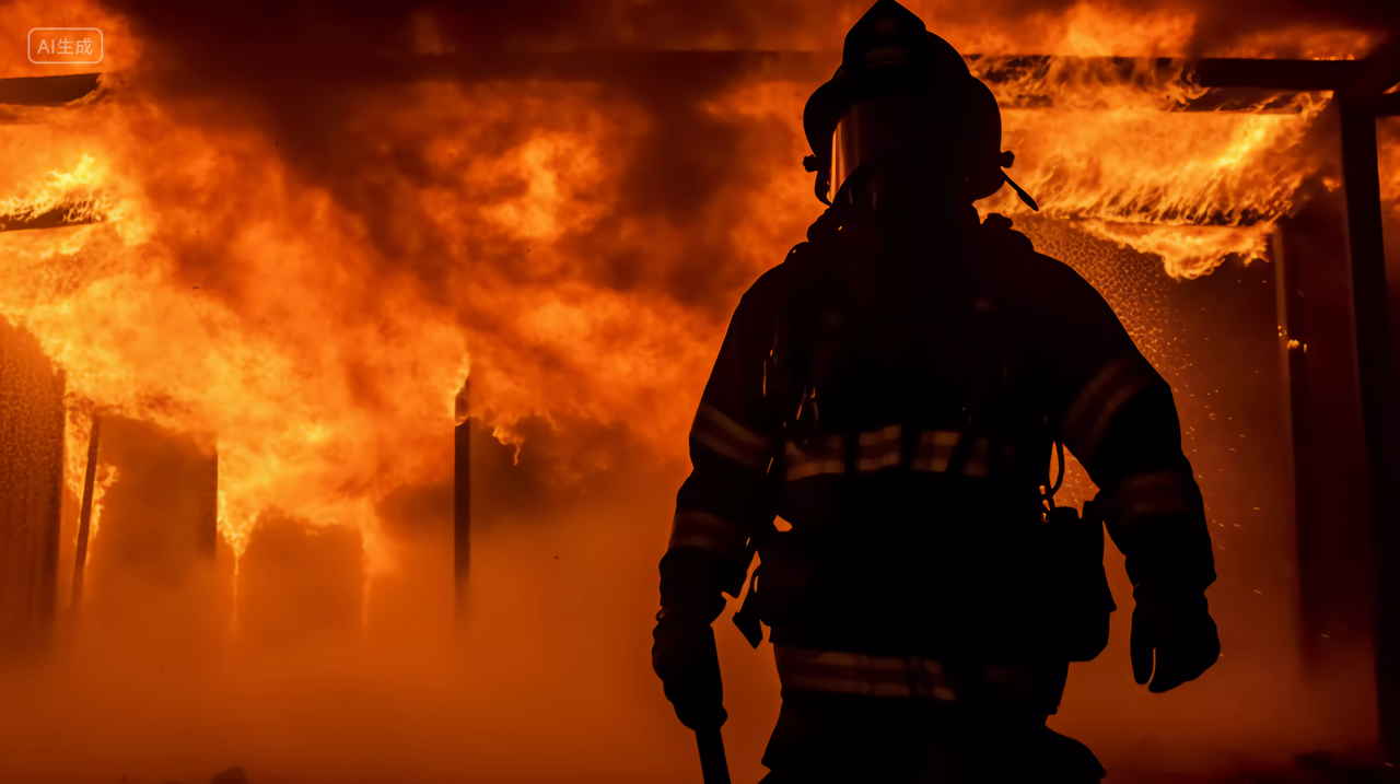 灭火中的消防员剪影119火警消防员在火灾中紧急救火全国消防日