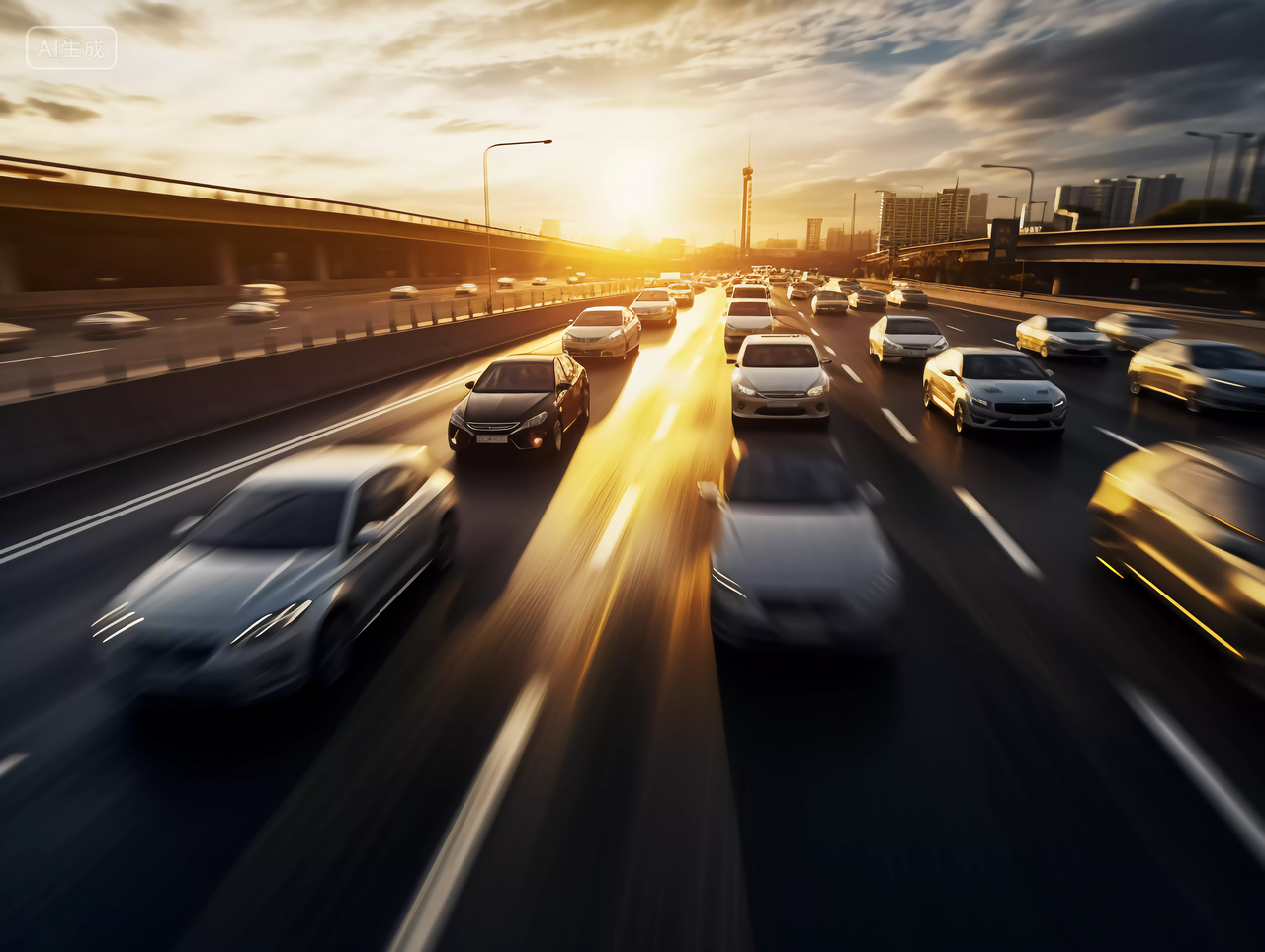 夕阳下城市街道繁忙的汽车交通驾驶场景