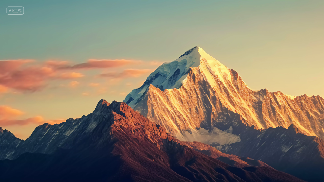 日照金山夕阳蓝天背景下的雪山山雪景景观自然风景美丽的大自然旅游宣传壁纸电脑壁纸