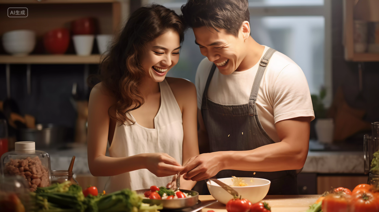 幸福家庭一家人情侣夫妻在厨房烹饪煮食物做饭的甜蜜浪漫场景