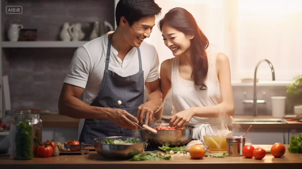 幸福家庭一家人情侣夫妻在厨房烹饪煮食物做饭的甜蜜浪漫场景