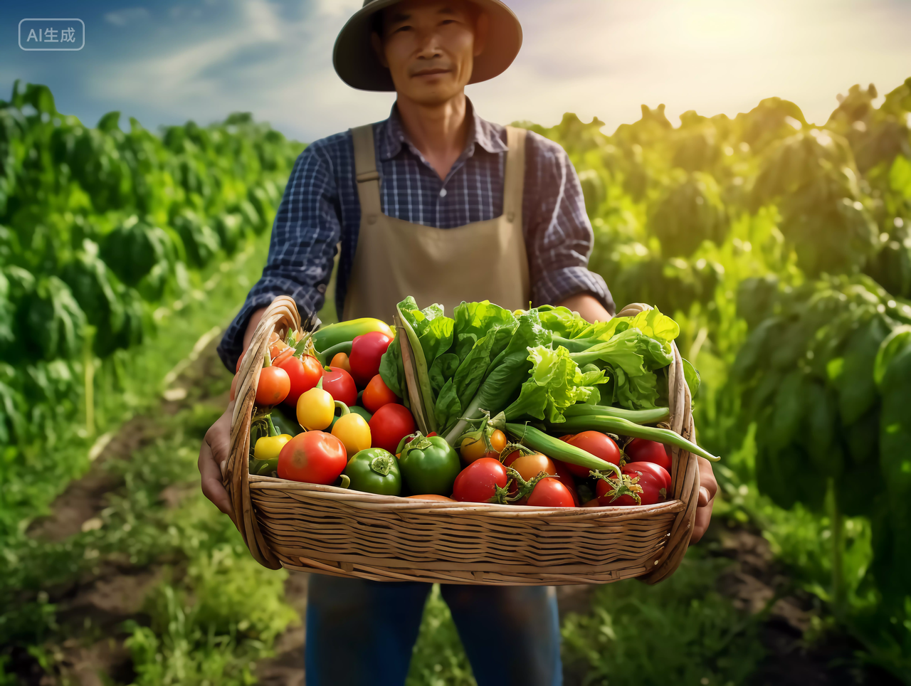 农民男性站在菜地里抱着一筐蔬菜绿色健康蔬菜 有机食品农作物收获丰收
