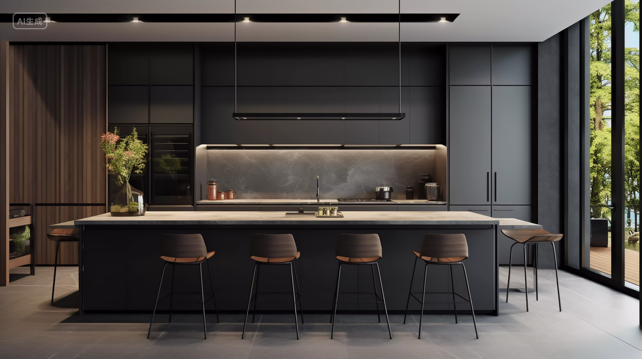 现代厨房带岛台简约风暗色黑色灰色家居厨房装饰装修
